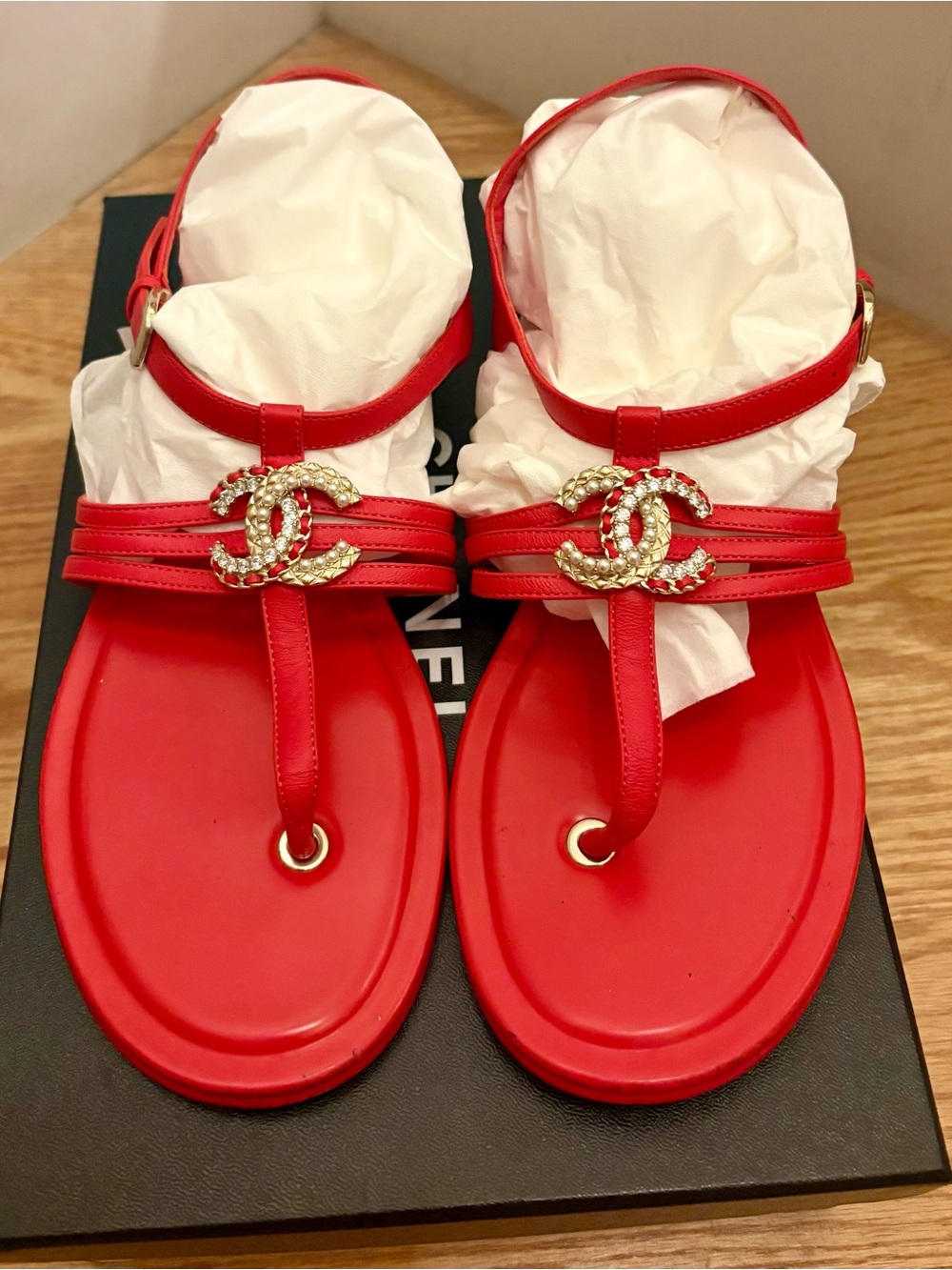 CHANEL Red CC T-Strap Sandals with Crystal Logo